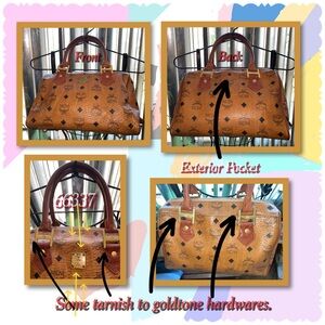 MCM Brown Satchel Bag with Monogram Print and Gold Hardware